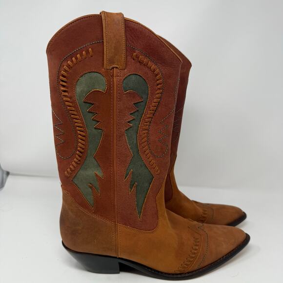 Vintage Circle S Western Cowboy Boots Brown Leather Green Inlay Pointed Toe 10 - Picture 4 of 8